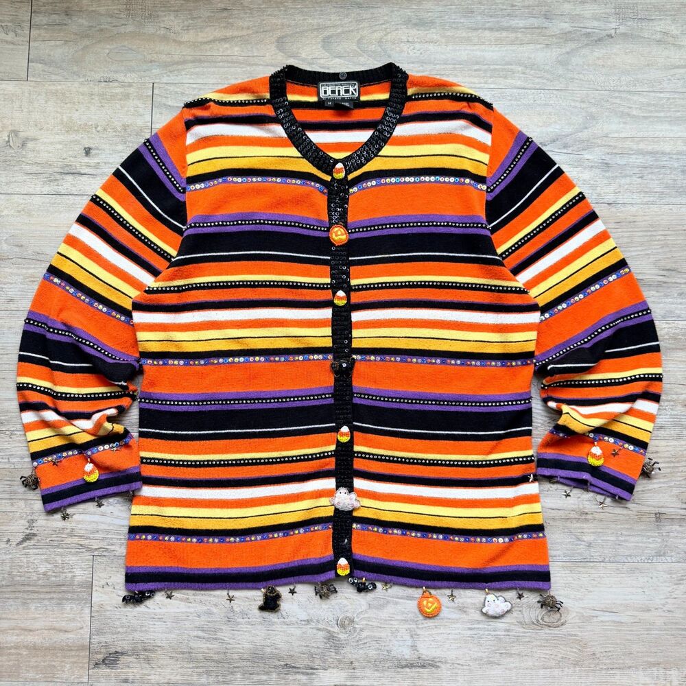 Vintage Halloween Cardigan Medium Berek Striped Sequin Candy Corn Charm Sweater